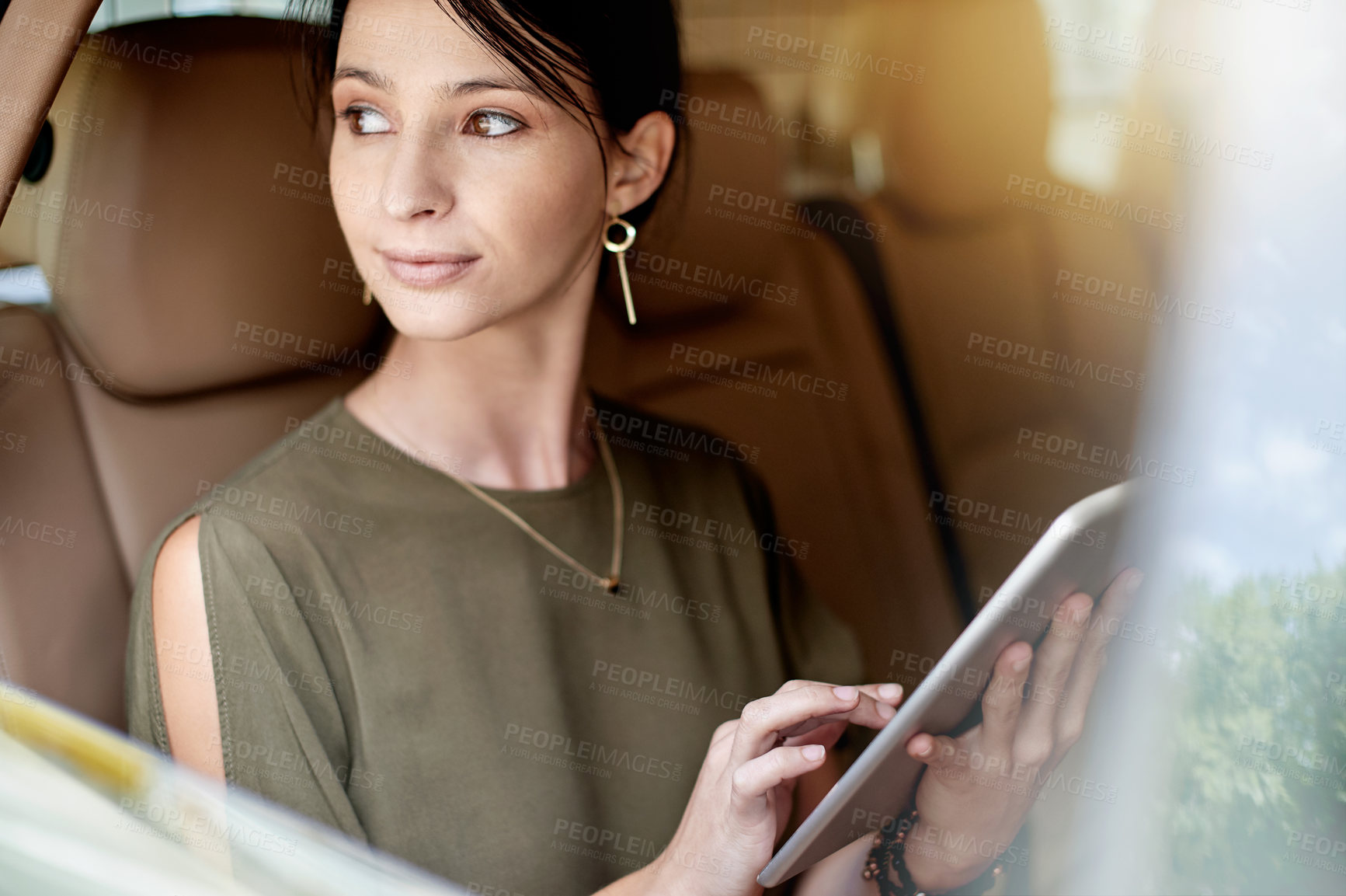 Buy stock photo Tablet, thinking and businesswoman in car with communication, networking or email online. Window, digital technology and female corporate employee with contact on app in vehicle for transport.