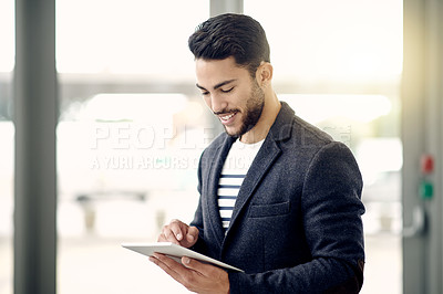 Buy stock photo Happy, employee and man with tablet, office and analysis of stock market and investment opportunity. Business, trader and person with tech for economic growth on website, flare and research for info