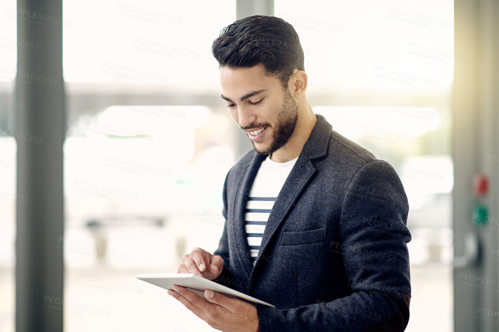 Buy stock photo Happy, employee and man with tablet, office and analysis of stock market and investment opportunity. Business, trader and person with tech for economic growth on website, flare and research for info