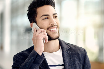 Buy stock photo Phone call, happy and businessman in office with communication, contact or networking for finance deal. Smile, cellphone and male financial manager on mobile discussion for investment negotiation.