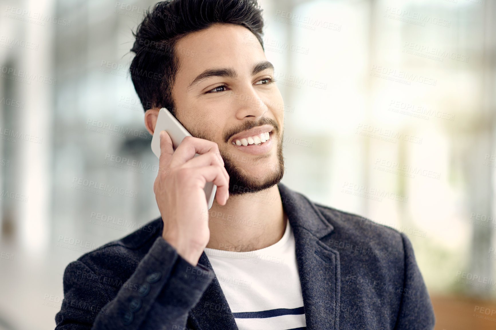 Buy stock photo Phone call, happy and businessman in office with communication, contact or networking for finance deal. Smile, cellphone and male financial manager on mobile discussion for investment negotiation.