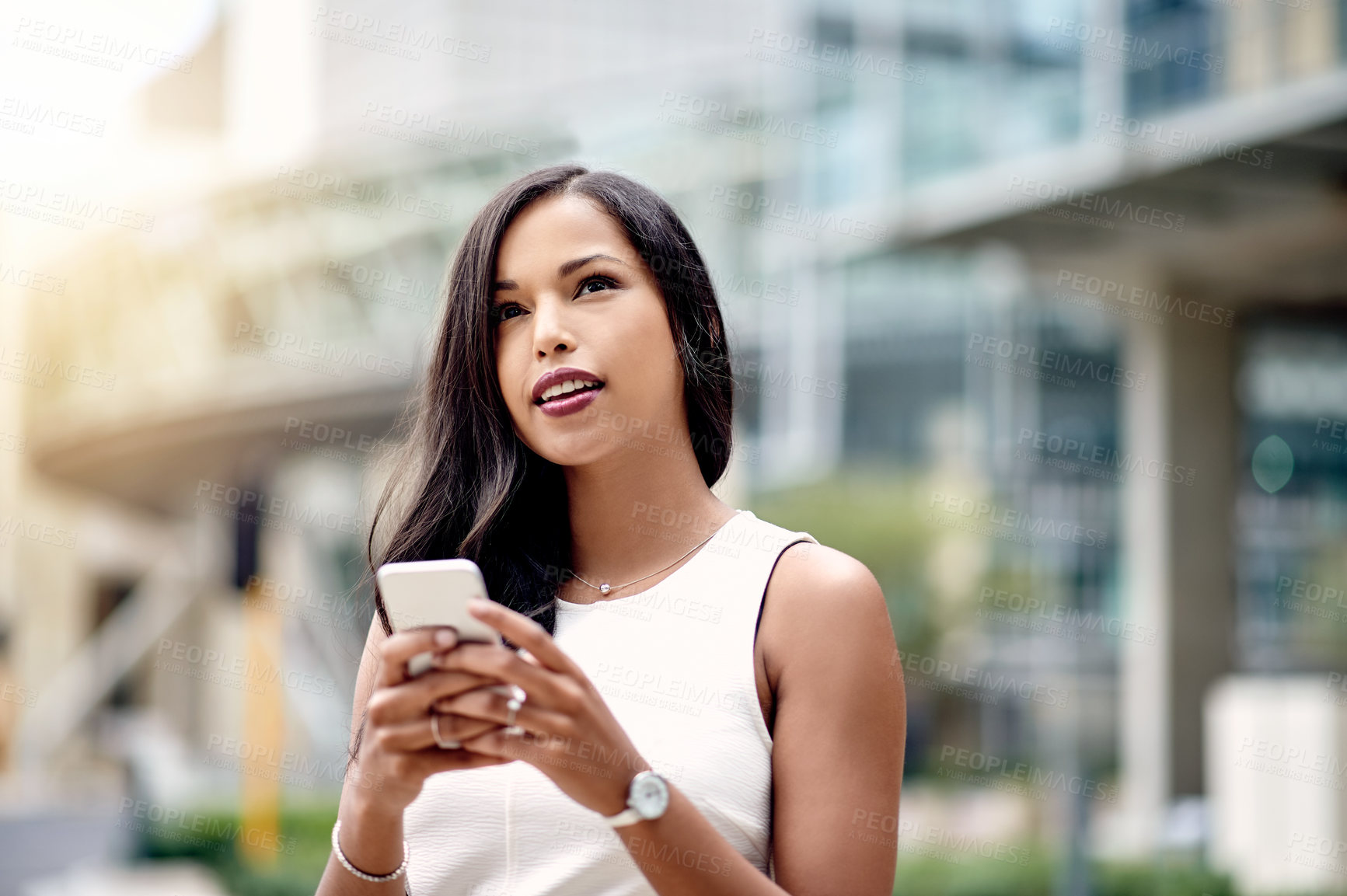 Buy stock photo Thinking, texting or businesswoman in city with smartphone for social media, message or website. Smile, ideas and entrepreneur with mobile app in urban town for online notification and technology