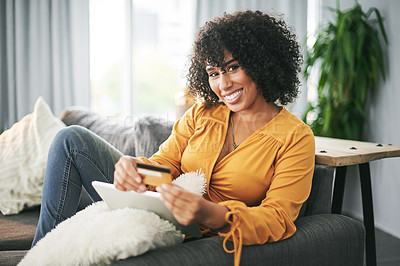 Buy stock photo Woman, tablet and credit card on sofa for online shopping, happy and discount sale on web at home. Person, portrait and relax in living room with fintech app, e commerce and easy payment in Ecuador