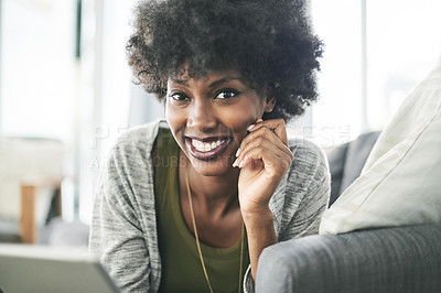 Buy stock photo Relax, tablet and portrait of black woman on sofa with smile for resting, comfortable and break. Home, happy and person on digital tech for social networking, chilling and weekend in living room