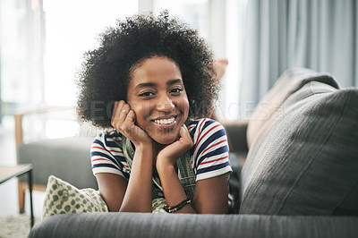 Buy stock photo Black woman, relax and portrait on couch in house with off day, weekend or rest in living room. Happy, female person and smile on sofa for break in lounge, stress relief or comfortable in apartment