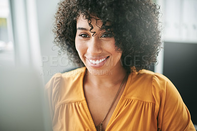 Buy stock photo Business, woman and reading with tech in office for editing, article review or fact check at creative agency. Computer, research analysis and African female editor in copywriting project in workplace