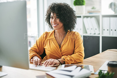 Buy stock photo Business, woman and typing at computer in office for editing, article review or fact check at creative agency. Research analysis, tech and African editor at desk for copywriting project in workplace