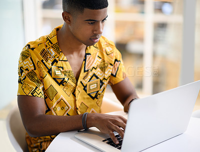 Buy stock photo Business, man and typing on laptop at desk for email feedback, communication and networking. Digital designer, intern and tech in office for online content review and social media marketing campaign