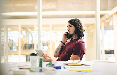 Buy stock photo Business, man and phone call with tablet in office for communication, b2b networking and discussion. Digital designer, person and talking at desk for content review and social marketing campaign deal