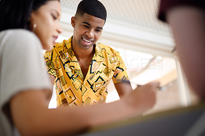 Buy stock photo Discussion, research and team director planning project with group, collaboration and ideas. Teamwork, diversity and happy business people for creative, working and presentation in meeting in office