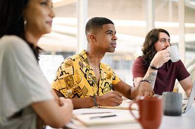 Buy stock photo Creative, people and listening to presentation in office for business brief, project updates and requirements. Team, graphic designers and meeting to review trends, collaboration and workshop.