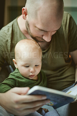 Buy stock photo Family, dad with baby and reading book with learning storytelling and development with early childhood and growth. Man, kid and education, bonding and love with care, learn language with story