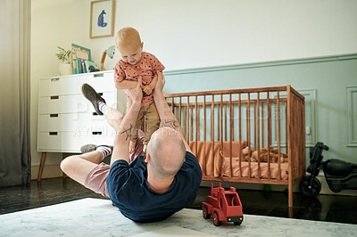 Buy stock photo Father, child and lifting or playing for fun in a home bedroom or baby nursery. Man or dad and happy toddler kid together for love, care and quality time or bonding for quality time and airplane game