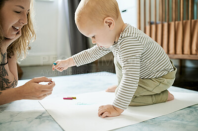 Buy stock photo Mother, baby and learning drawing in home on paper, bonding and coloring. Education, art and mama teaching child for creative development, growth and homeschool, homework and knowledge in house.