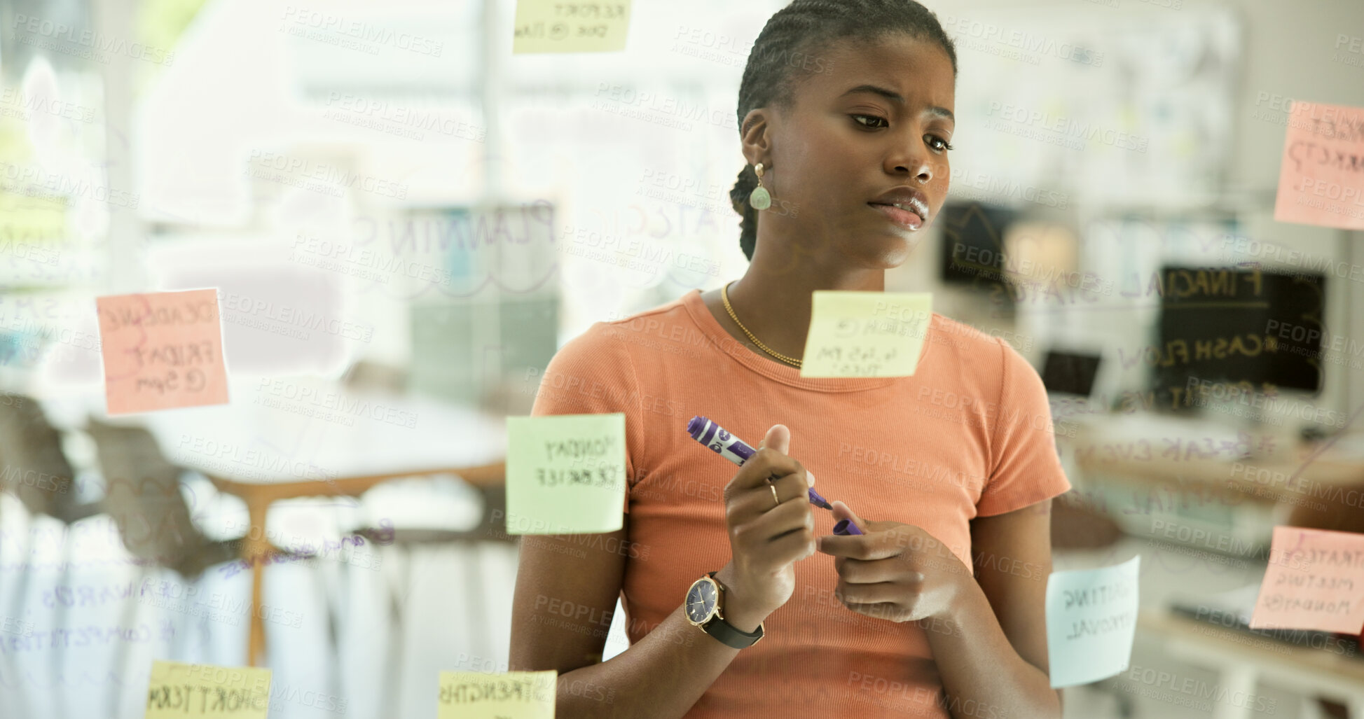 Buy stock photo Black woman, thinking and writing in schedule planning, creative strategy or ideas on glass board at office. African female person or employee in project plan, tasks or agenda in startup at workplace