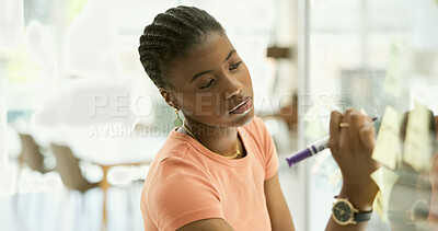 Buy stock photo Woman, scrum or glass board with writing for brainstorming, thinking and project management in modern office. Young person, planning and sticky note post it on wall for creative strategy in workplace