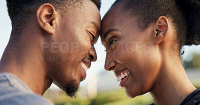Buy stock photo Black couple, smile and love outdoor with forehead touch for commitment, relationship and bonding. Happy, man and woman together for quality time, soulmate or romantic connection or support in summer