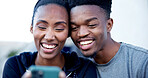 Outdoor, couple and happy with phone, fitness and watching workout tutorial with partner on website. Streaming, funny video and black people with mobile, laughing and connection on exercise break