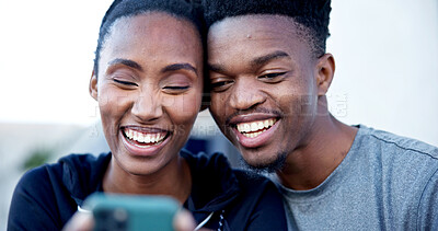 Buy stock photo Outdoor, couple and happy with phone, fitness and watching workout tutorial with partner on website. Streaming, funny video and black people with mobile, laughing and connection on exercise break