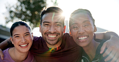 Buy stock photo Fitness, portrait and group with smile, outdoor and laugh together after physical activity or health. Happy people, connection and friends hug post exercise, flare and workout for wellness in city