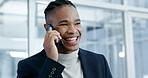 Smile, black man and lawyer in office with phone call, contact and legal advice for court case. Person, attorney and listening at law firm with mobile, question witness and feedback for trial verdict