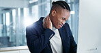 Tired, businessman and neck pain in office with computer, burnout and stress for accounting deadline. Flare, black person and exhausted in firm with desktop, spine injury and crisis for finance job.