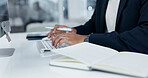 Businessman, hands and typing in office with computer, administration and report for financial audit. Accountant, person and browsing in workplace with desktop, research and bookkeeping for finance.