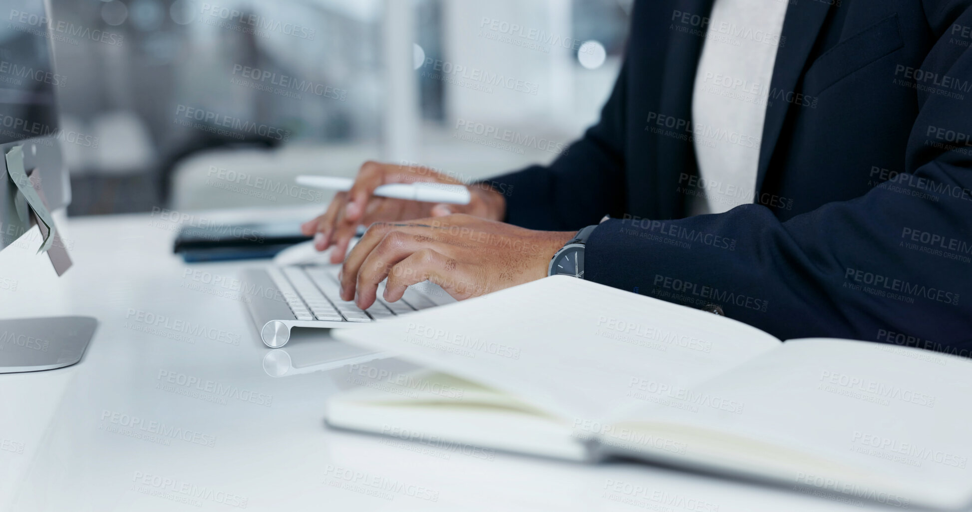 Buy stock photo Businessman, hands and typing in office with computer, administration and report for financial audit. Accountant, person and browsing in workplace with desktop, research and bookkeeping for finance