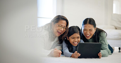 Buy stock photo Laugh, floor and tablet with women in family home for streaming service, parental control and happy. Age rating movie, support and generations with grandmother, kid and mother in house for comedy