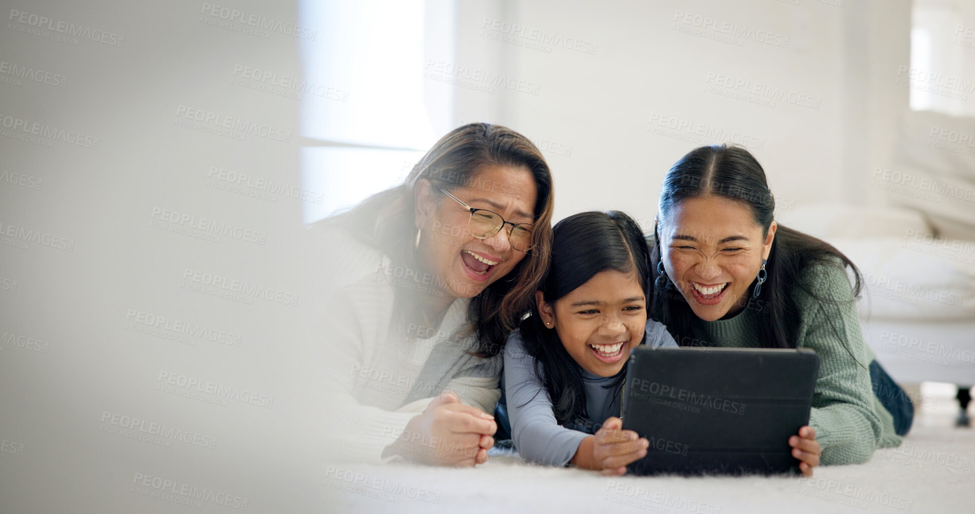 Buy stock photo Laugh, floor and tablet with women in family home for streaming service, parental control and happy. Age rating movie, support and generations with grandmother, kid and mother in house for comedy
