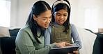 Mother, child and relax in home with tablet, virtual board game and bonding activity on holiday. Asian family, mom or kid with tech for playing online puzzle, problem solving or connection on weekend