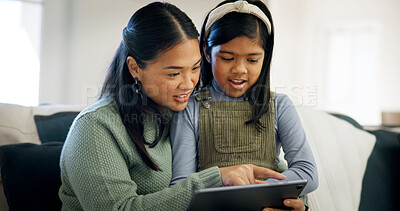 Buy stock photo Mother, child and relax in home with tablet, virtual board game and bonding activity on holiday. Asian family, mom or kid with tech for playing online puzzle, problem solving or connection on weekend