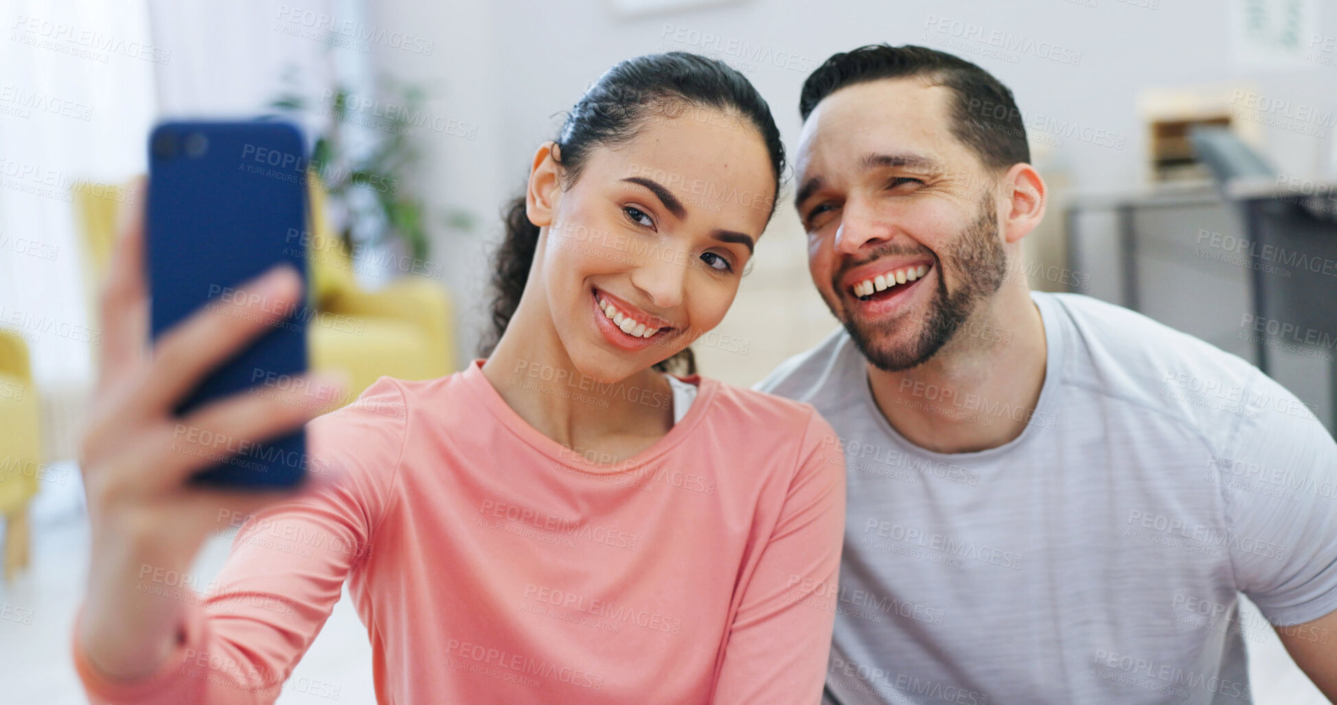 Buy stock photo Smile, couple and selfie at house for yoga, photography and social media post for fitness blog. Happy, people and capture memory in home for pilates, profile picture update and exercise for bonding