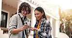 Happy, people and students at campus with phone, test results and acceptance email of new semester. Friends, reading and mobile at university for enrollment, scholarship approval and exchange program