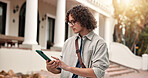 Man, student and reading at campus with tablet, test results and acceptance email for new semester. Flare, male person or digital at university for enrollment, scholarship update and exchange program