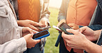 Hands, people and students at campus with phone, test results and acceptance email for education. Friends, reading and mobile at university for enrollment, scholarship approval and exchange program