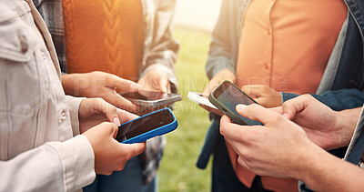 Buy stock photo Hands, people and students at campus with phone, test results and acceptance email for education. Friends, reading and mobile at university for enrollment, scholarship approval and exchange program