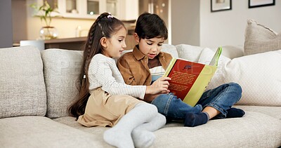 Buy stock photo Siblings, reading and children with book in home, education and cognitive growth with fiction story. Family, sister and brother with literature, literacy and kids with skill development in house