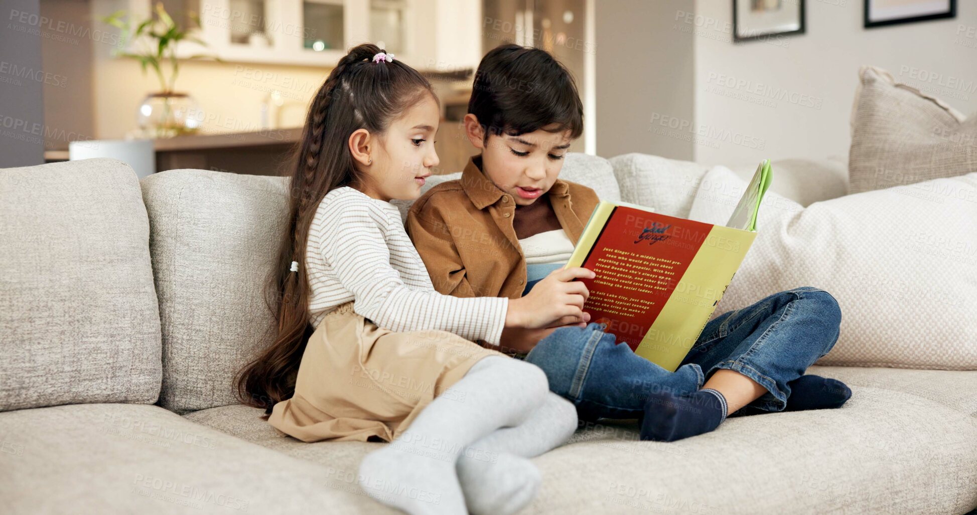 Buy stock photo Siblings, reading and children with book in home, education and cognitive growth with fiction story. Family, sister and brother with literature, literacy and kids with skill development in house