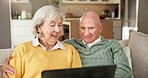 Senior, couple and watching movie in lounge with laptop, retirement and happy for bonding together. Elderly married people, relax and streaming show in home with computer, entertainment and internet.