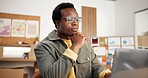 Logistics, research and man with laptop in small business, online and stock distribution on website. Entrepreneur, reflection and black person with tech, supply chain and planning for goods delivery