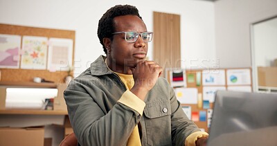 Buy stock photo Logistics, research and man with laptop in small business, online and stock distribution on website. Entrepreneur, reflection and black person with tech, supply chain and planning for goods delivery