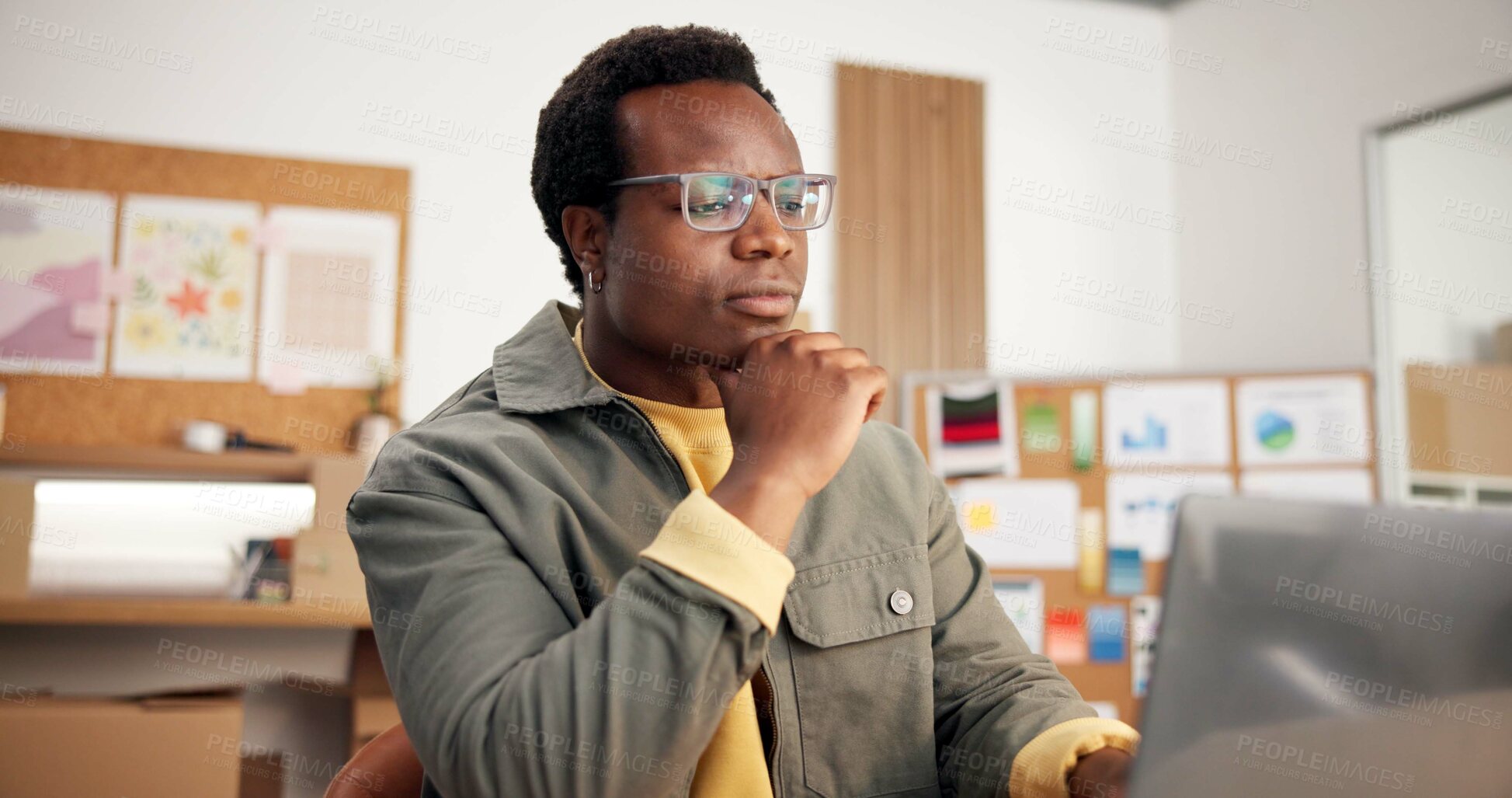 Buy stock photo Logistics, research and man with laptop in small business, online and stock distribution on website. Entrepreneur, reflection and black person with tech, supply chain and planning for goods delivery