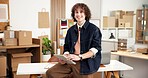 Ecommerce, portrait and man in office with tablet for erp technology with small business inventory. Smile, web or entrepreneur on digital app for online sales data, checklist or logistics management