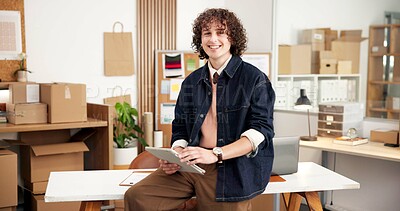 Buy stock photo Ecommerce, portrait and man in office with tablet for erp technology with small business inventory. Smile, web or entrepreneur on digital app for online sales data, checklist or logistics management