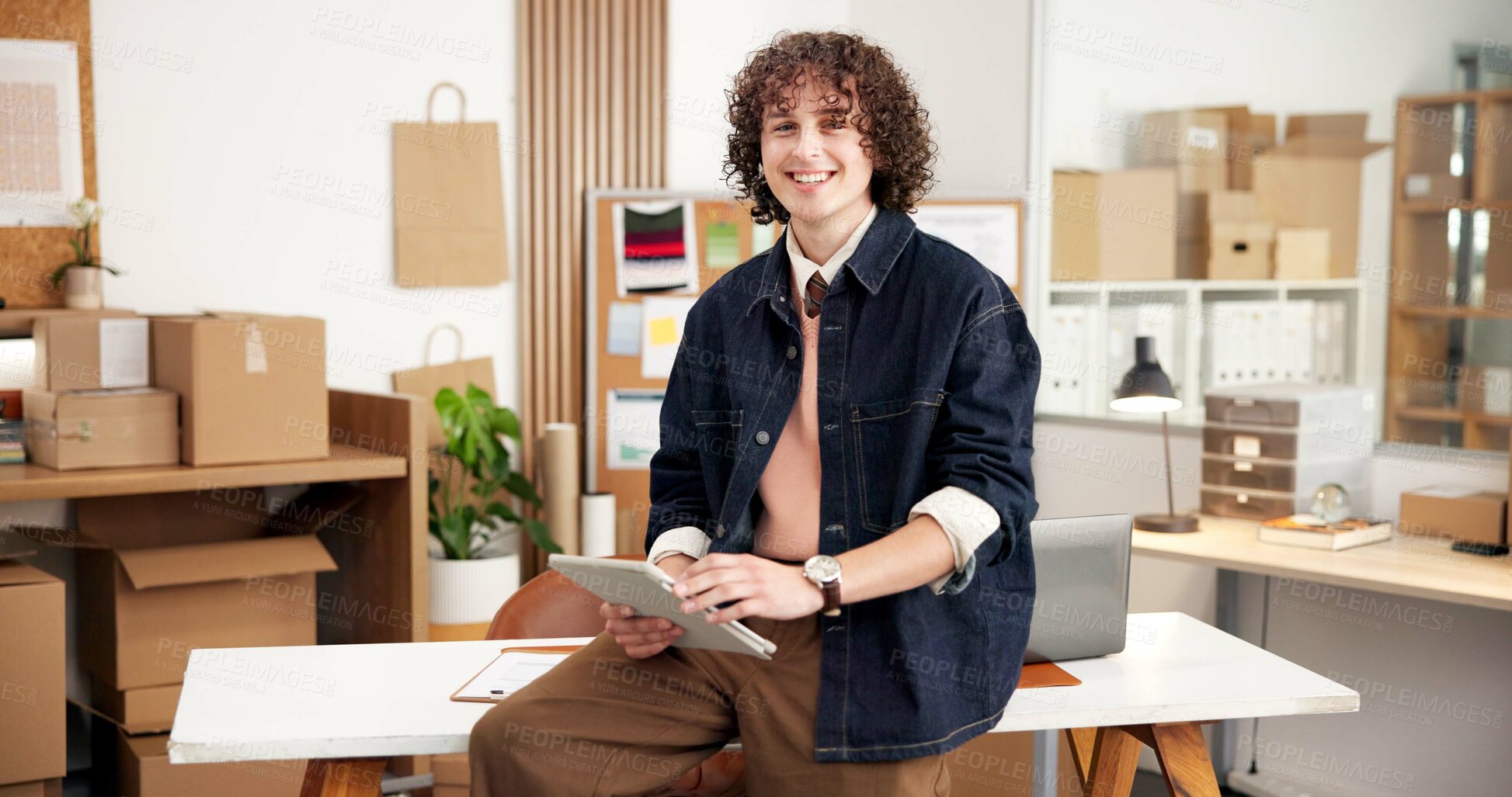 Buy stock photo Ecommerce, portrait and man in office with tablet for erp technology with small business inventory. Smile, web or entrepreneur on digital app for online sales data, checklist or logistics management