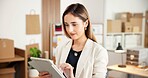 Ecommerce, search and woman in office with tablet for erp technology at small business startup. Dropshipping, web or entrepreneur on digital app in online sales, data analysis or inventory management