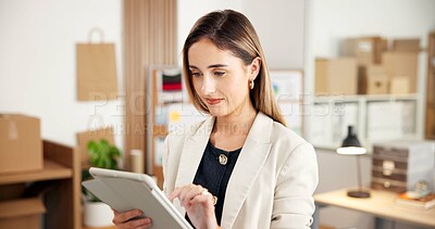 Buy stock photo Ecommerce, search and woman in office with tablet for erp technology at small business startup. Dropshipping, web or entrepreneur on digital app in online sales, data analysis or inventory management