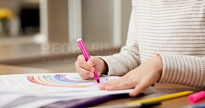Buy stock photo Drawing, color and hands of child in home for creative development, motor skills and learning. House, paper and girl with stationery, picture and rainbow for education, growth and fun activity