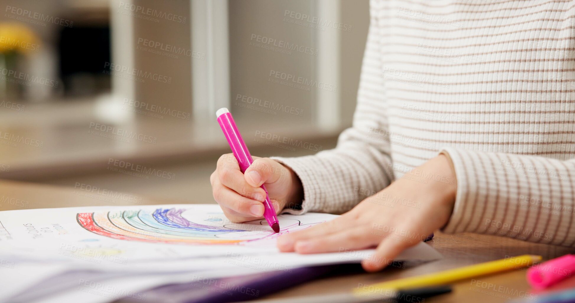 Buy stock photo Drawing, color and hands of child in home for creative development, motor skills and learning. House, paper and girl with stationery, picture and rainbow for education, growth and fun activity